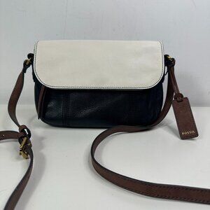 Fossil Women's Molly Flap Leather Crossbody Bag Black, White & Brown Pebbled